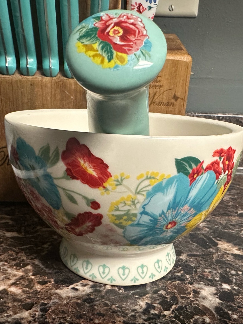 The Pioneer Woman Floral Ceramic Mortar and Pestle in Aqua, Red, Yellow, Blue